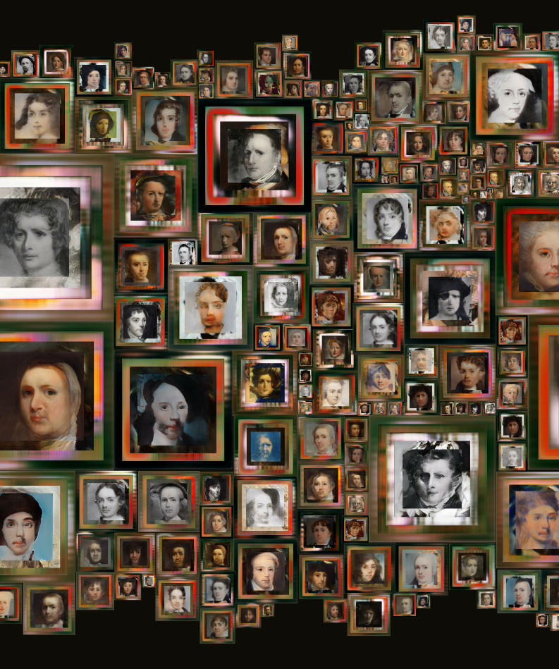 an uneven grid of generated portraits painted in classical style on black background. Each portrait has a colorful frame.